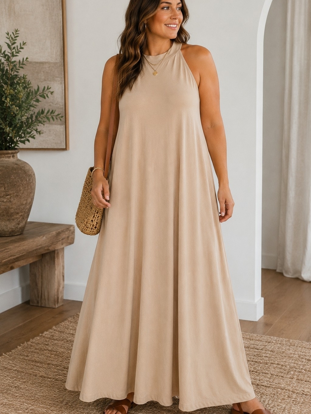Sleeveless Halter Maxi Dress in Beige - Elegant Everyday Style
